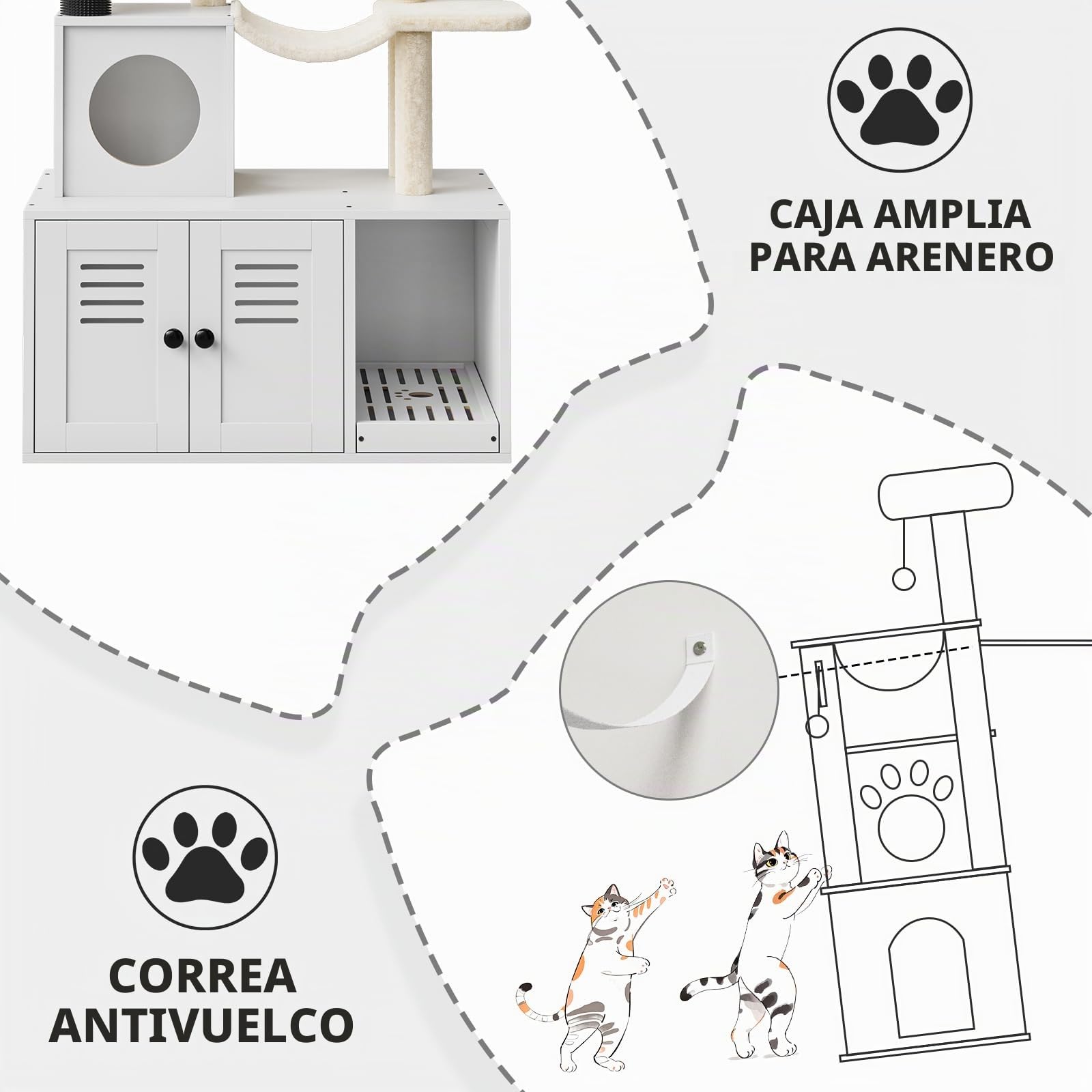 Mueble Arenero para Gatos con Rascador y Cueva – Mueble De Madera Oculto con Rascador De Sisal, Zona De Descanso Suave y Juegos Multinivel para Gatos