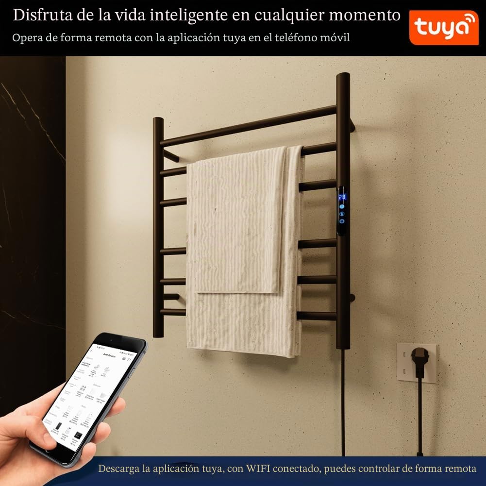 KWW - Toallero con calefacción, control remoto con APP Tuya, calentador de toallas con temporizador, calentador de toallas montado en la pared para baño (negro mate, 5 barras)
