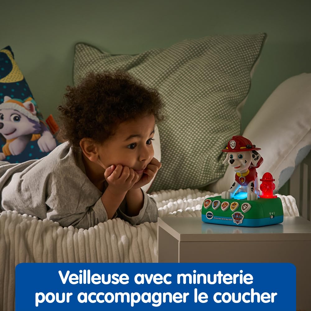 VTech - Pat' Patrouille, Lumi-Conteuse à Histoires de Marcus, Boîte à Histoires Veilleuse, Jouet Interactif et Musical Paw Patrol avec 4 Jeux, Cadeau Enfant de 3 Ans à 7 Ans - Contenu en Français