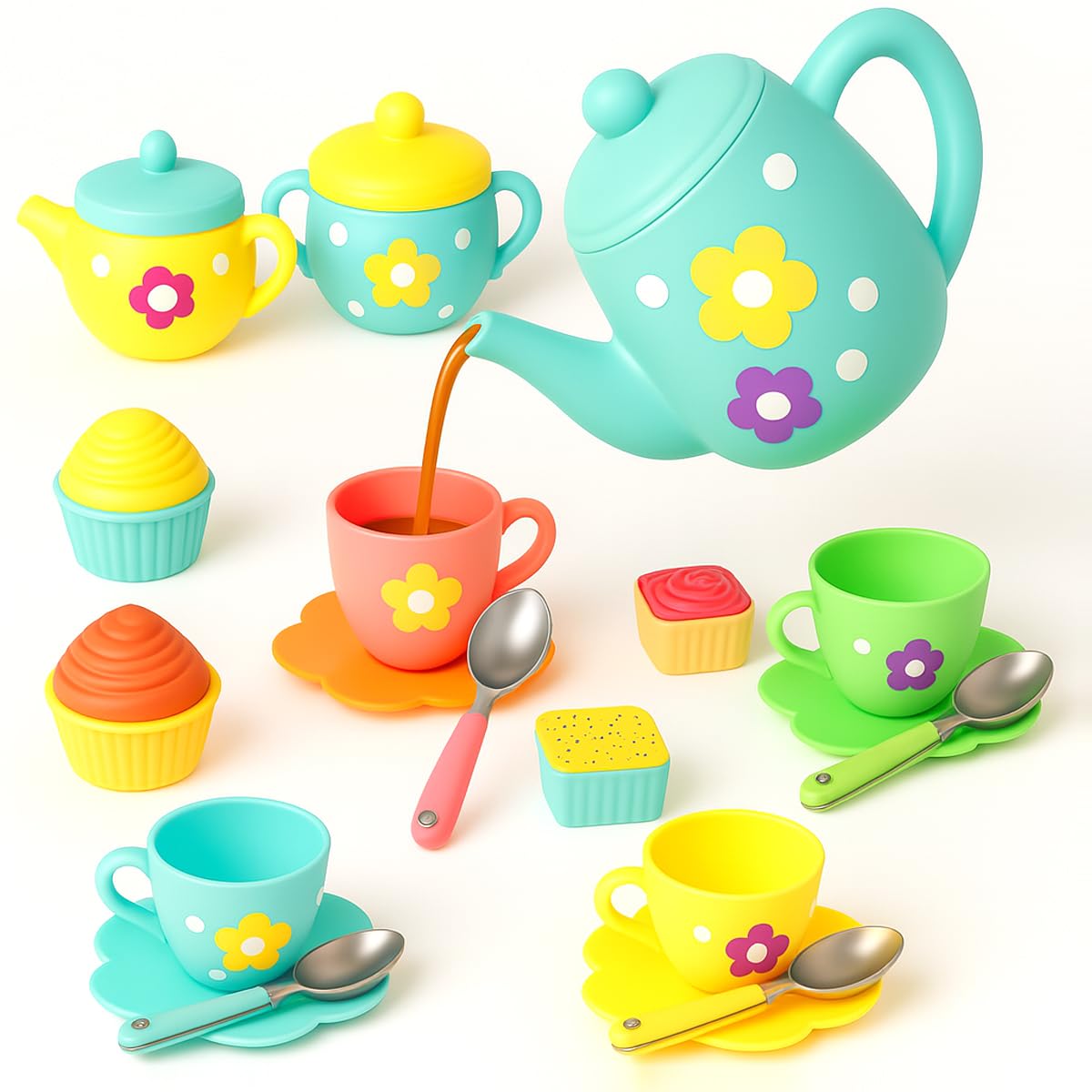 koolbitz 22 PCs Kids Tea Set for Girls, Pretend Play Tea Party Playset, Realistic Teapot, Cups, Plates & Cupcakes Kitchen Accessories, Afternoon Role Play Birthday Gift Toy Set For Children 3+ Year