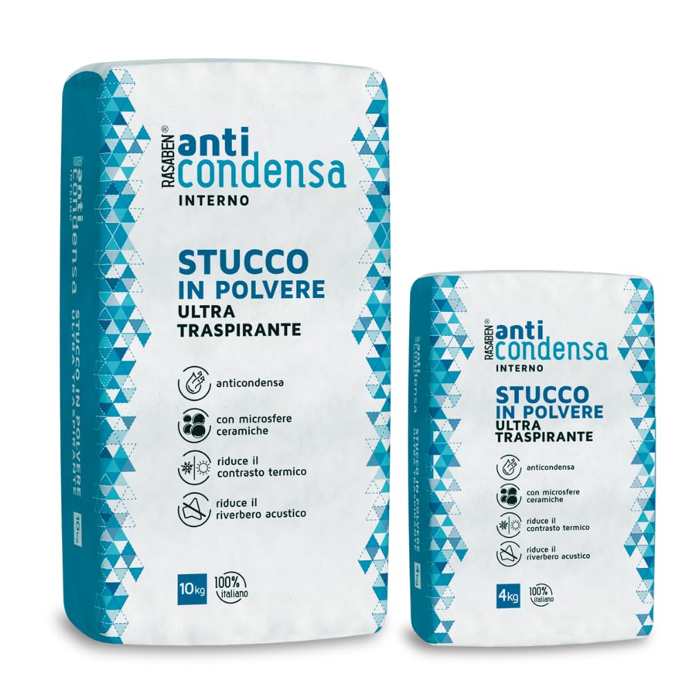 RASABEN - Stucco in Polvere Anticondensa con Microsfere Ceramiche, per Ambienti poco Ventilati, Riduce il Riverbero e il Contrasto Termico, Ultra Traspirante, Uso Interno, Made in Italy, Sacco da 4kg