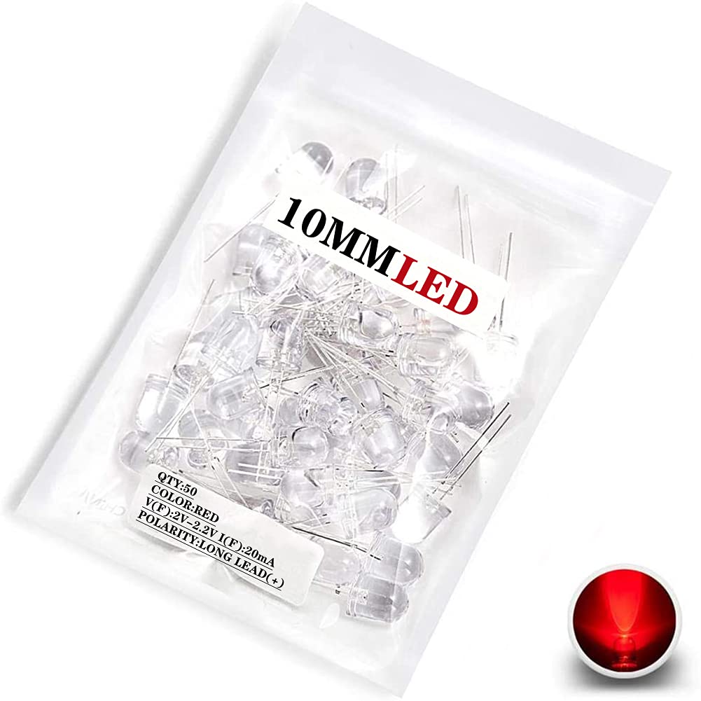 50 pcs 10mm Red LED Diode Lights (Clear Round Transparent DC 2V 20mA) Bright Lighting Bulb Lamps Electronics Components Indicator Light Emitting Diodes
