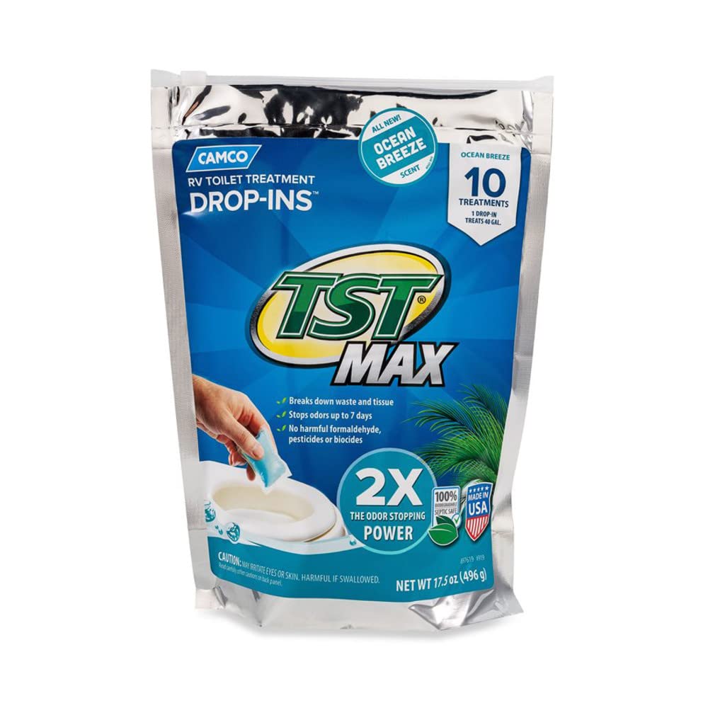 Camco TST MAX RV Toilet Treatment Drop-INs - Control Unwanted Odors and Break Down Waste and Tissue - Septic Tank Safe - Ocean Breeze Scent - 10-pack (41613)