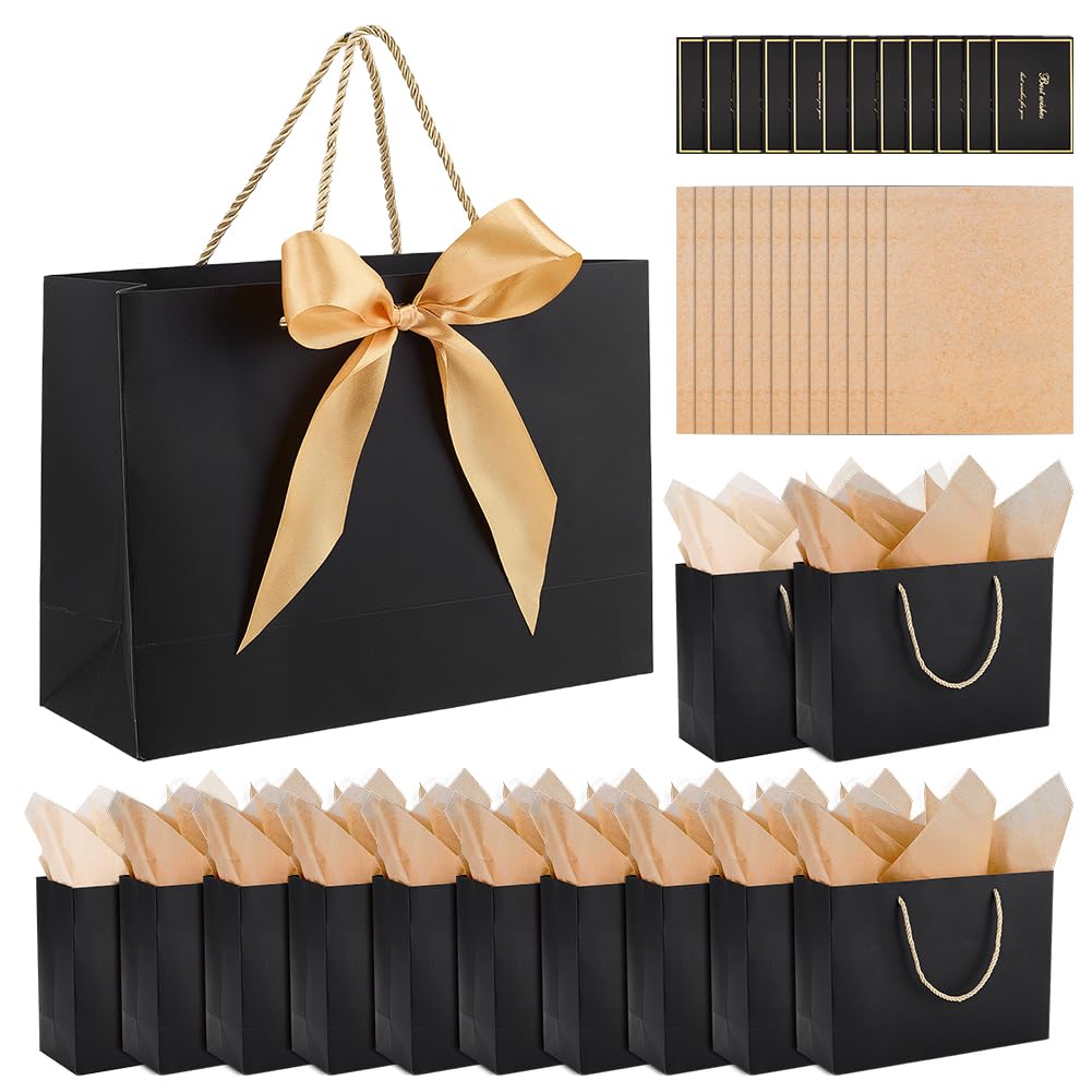 NBEADS 12 Sets Gift Bag with Bow Ribbon, Paper Flower Gift Bags with Handles, Includes Tissue Papers Cards Bouquet Wrapping Bags for Wedding Birthday Bridesmaid Party, 10x28x20cm, Black