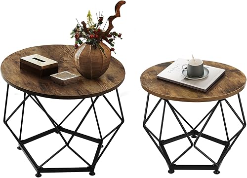 Mesa auxiliar pequeña, juego de 2 mesas auxiliares redondas con mesa de madera y marco de metal, mesa auxiliar moderna, mesas auxiliares para sala