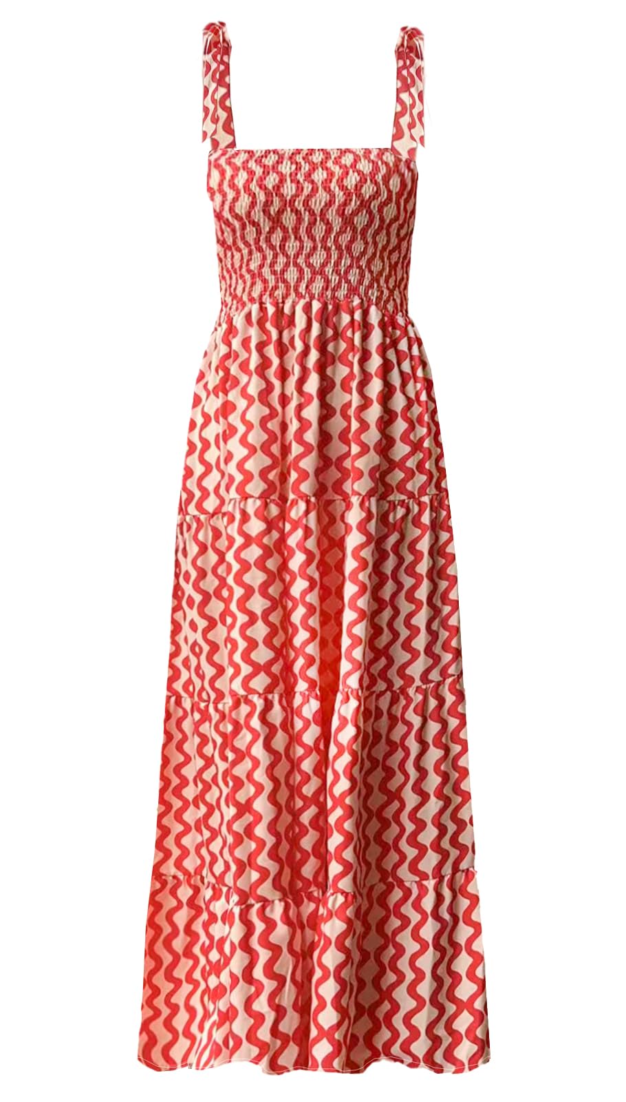 kinstell Women's Summer Boho Spaghetti Strap Square Neck Ruffle Casual Flowy Long Dress Beach Swing Party Maxi Dress