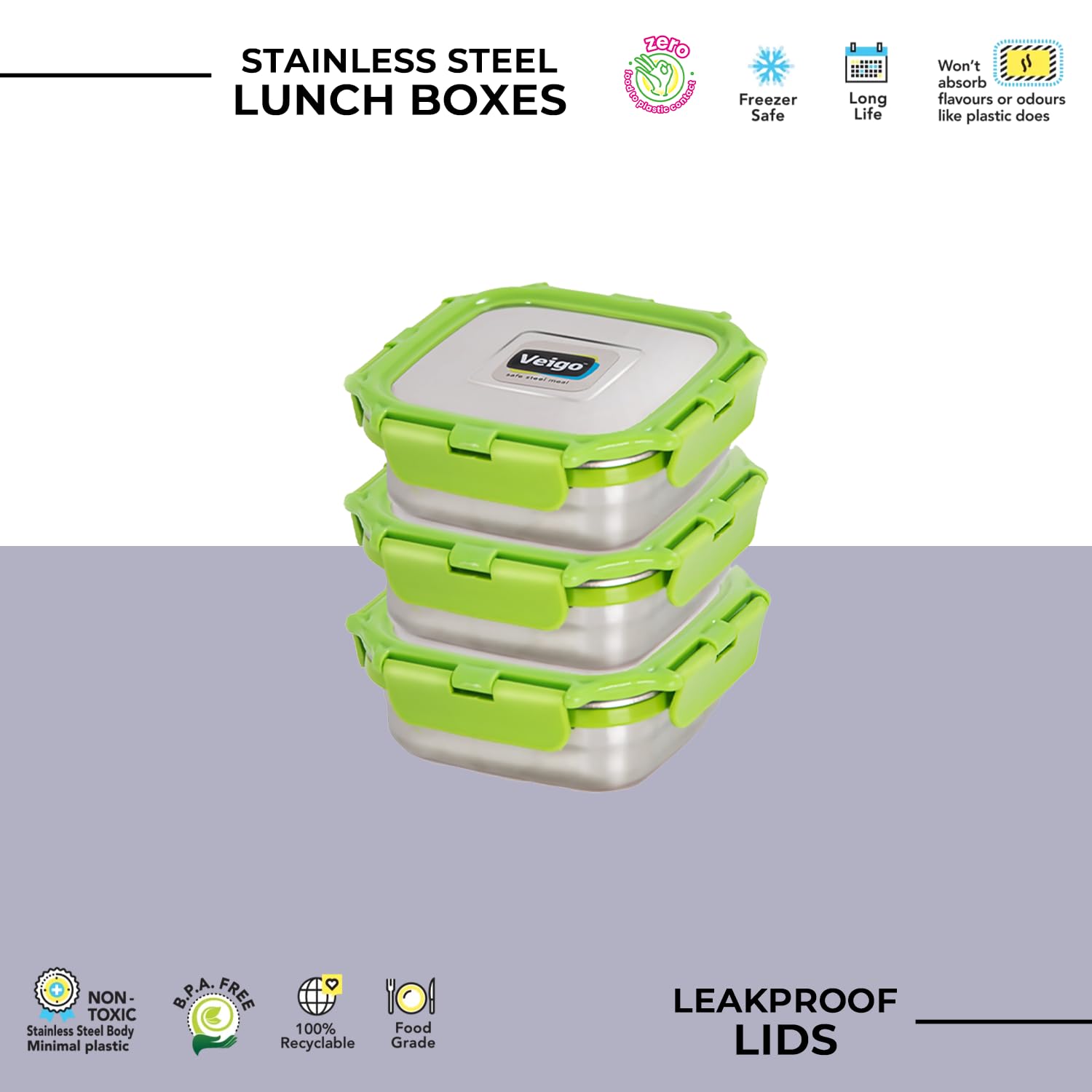 Veigo Stainless Steel Medium Snack Box Set of 3( 330 ml + 330 ml+ 330 ml)with Insulated Pouch | Airtight & Leakproof| Freezer & Dishwasher Safe| Snacks Box For School|Silicone Ring|Safe Lid Lock|Green 2