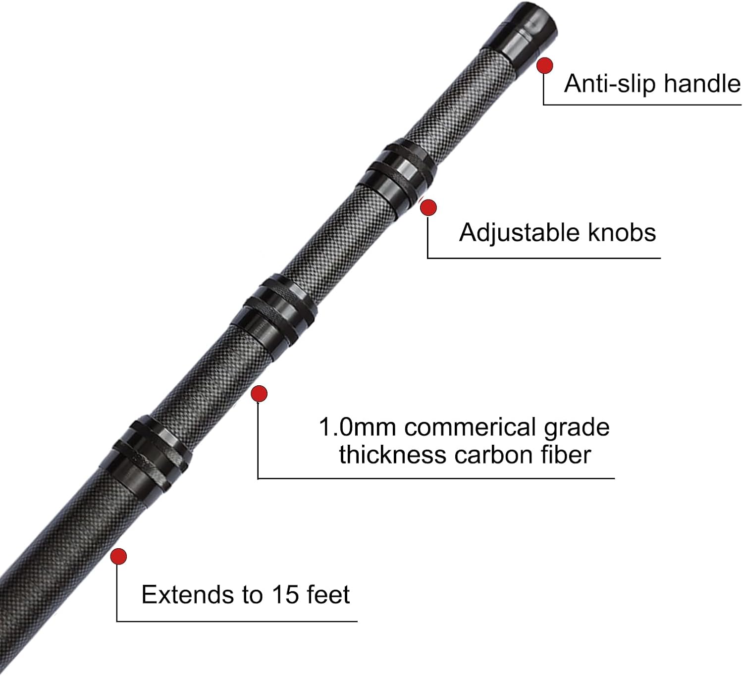 Carbon Fiber Pool Pole, Professional 15 FT Telescoping Swimming Pool Cleaning Pole 4.6 to 15 FT, Ultra-Lightweight 4-Section Adjustable Skimmer Pole for Nets, Brushes, Vacuums – Rustproof