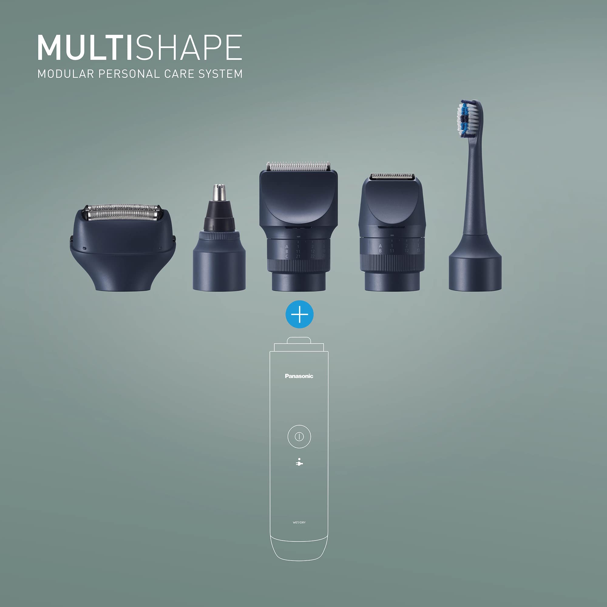 Panasonic MULTISHAPE modulares Körperpflege-System für Männer, Bart-/Haartrimmer, Bart-/Haar-/Körpertrimmer, 3-Klingen-Scherkopf, elektrische Zahnbürste & Nasen-/Ohren-/Augenbrauentrimmer Aufzatz