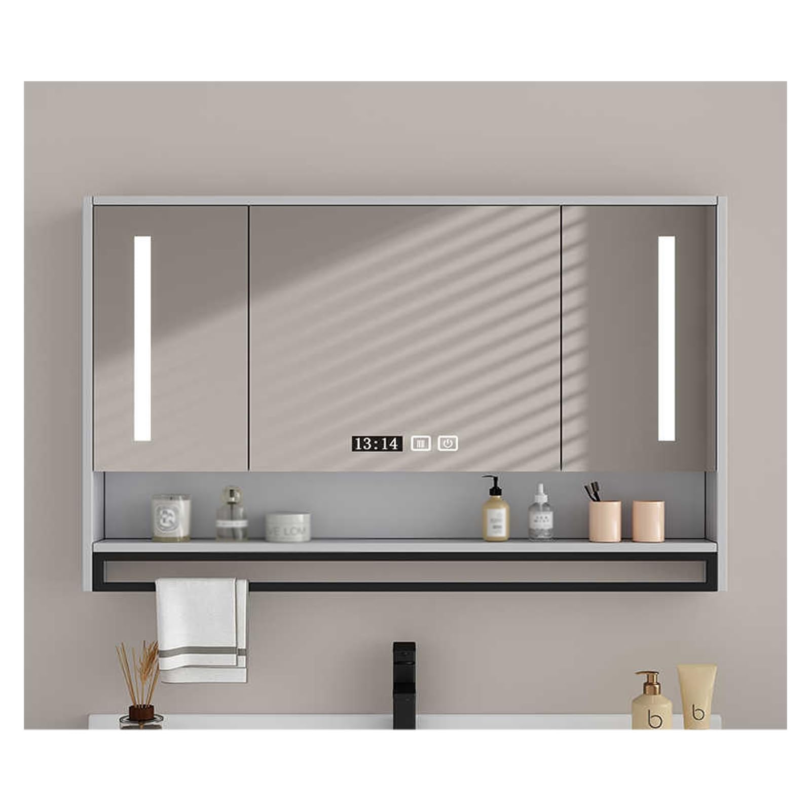 FLYIODFCXV bathroom mirror cabinet, Defogging Function, Solid Wood Material, Suitable for Multiple Scenarios(Grey,110 * 70cm/43.3 * 27.5in)