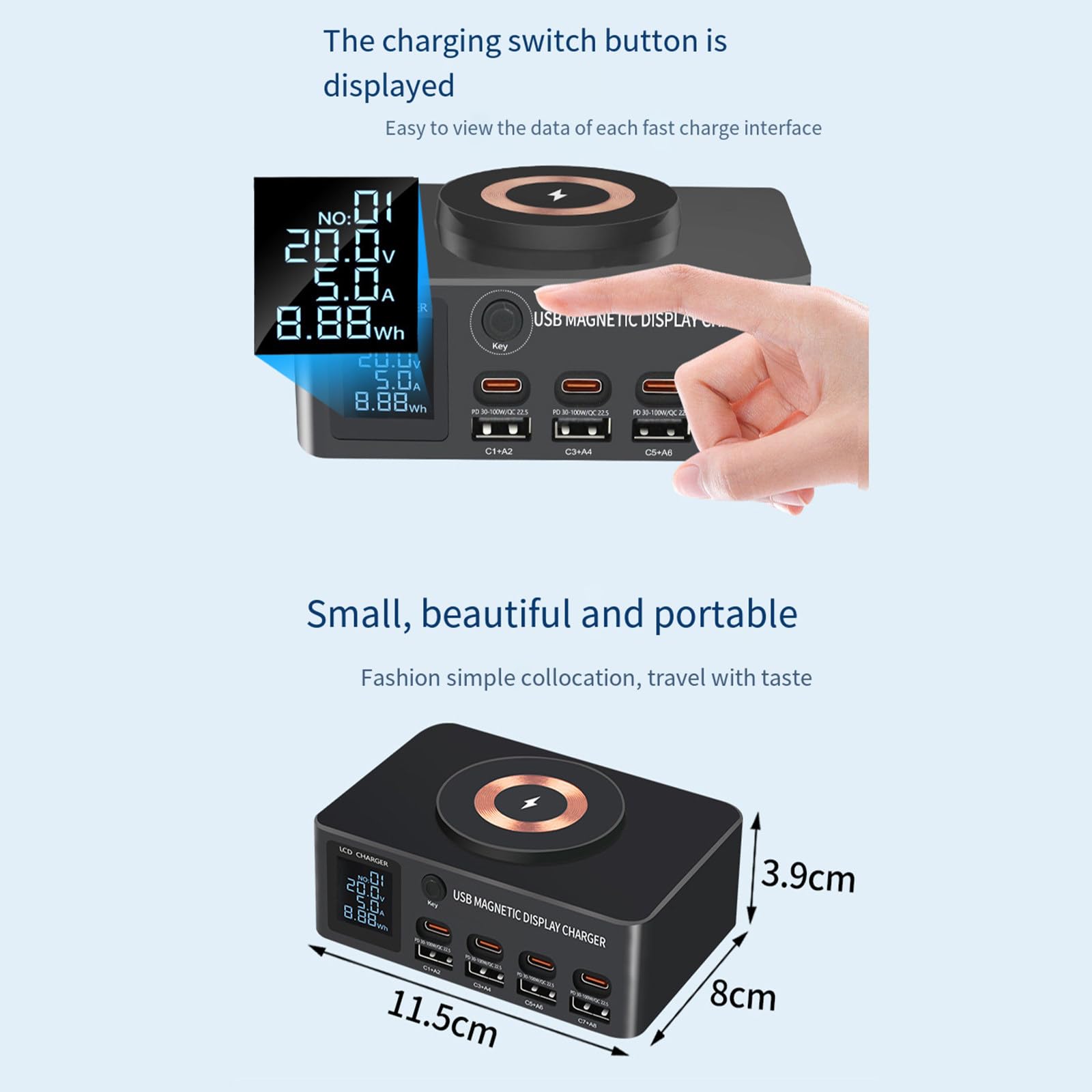 Ładowarka biurkowa 140 W Inteligentny wyświetlacz cyfrowy PD100W Szybkie ładowanie Nadaje się do telefonów komórkowych Notebook Ssanie magnetyczne Bezprzewodowe