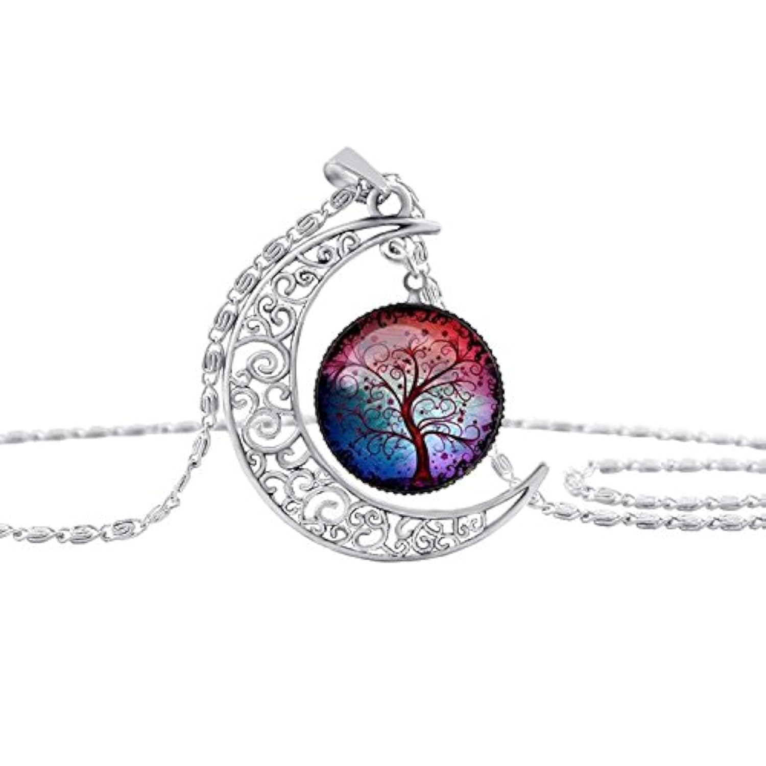 Necklace for Women Moon Pendant Crescent Moon Life Tree Glass Cabochon Pendant with Chain Necklace for Women and Girls.
