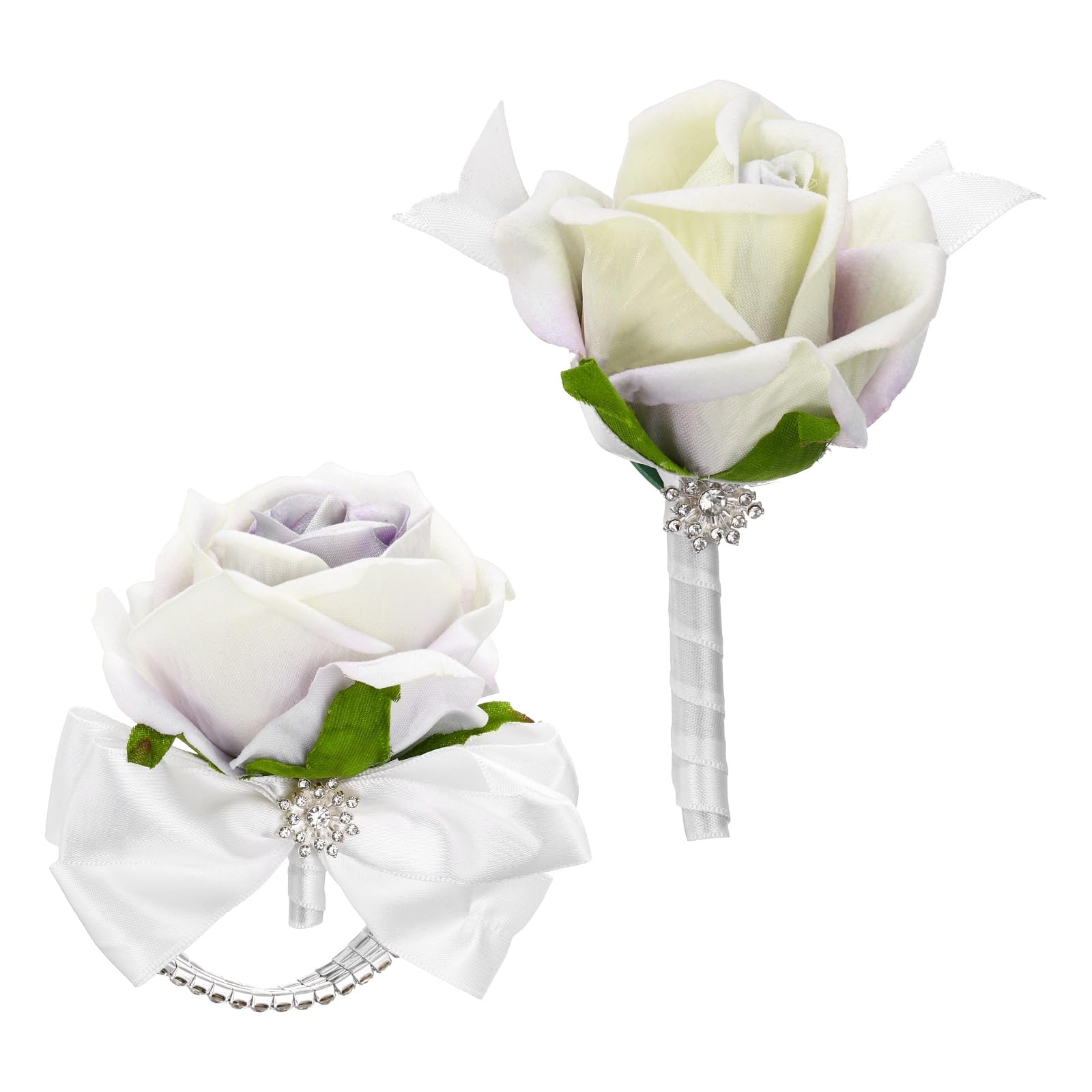 sourcing map 2Pcs Rose Wrist Corsage Boutonnieres Set, Artificial Wrist Corsages Men Boutonnieres with White Satin Ribbon Rhinestone Decor for Prom Wedding Party, Dreamy Purple
