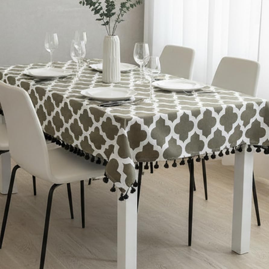 Image of HOMEMONDE Cotton Rectangular Dining Table Cover 4 Seater 40 X 60 Inch Printed Center Table Cloth With Decorative Fringes-(Grey,101 X 152 CM)