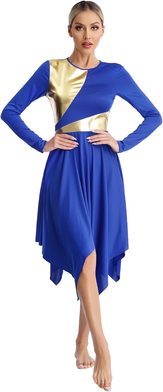 Women Lyrical Dance Costume Overlay Dress Praise Dance Tunic | Metallic Color Block, Asymmetric Hem, Praise Dance Dress, Worship Dance Dress, Liturgical Dancewear, for Church Events