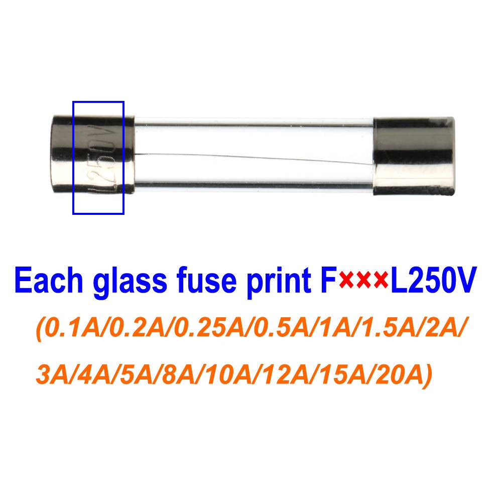 Gebildet 15 Valores 180pcs 5×20mm 250V Fusibles de Tubo de Vidrio Juego de Surtido(0.1A/0.2A/0.25A/0.5A/1A/1.5A/2A/3A/4A/5A/8A/10A/12A/15A/20A,Cada 10pcs)