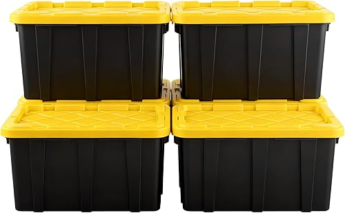 Paquete de 4 contenedores industriales, contenedores de almacenamiento de plástico con tapas, 7 galones, contenedores organizadores resistentes para
