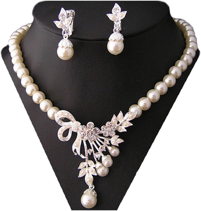 Miya® mega glamour jewellery set, pearl necklace and earrings with super beautiful flowers, bridal jewellery, wedding, evening event, party, youth dedication, pearl crystal jewellery set.