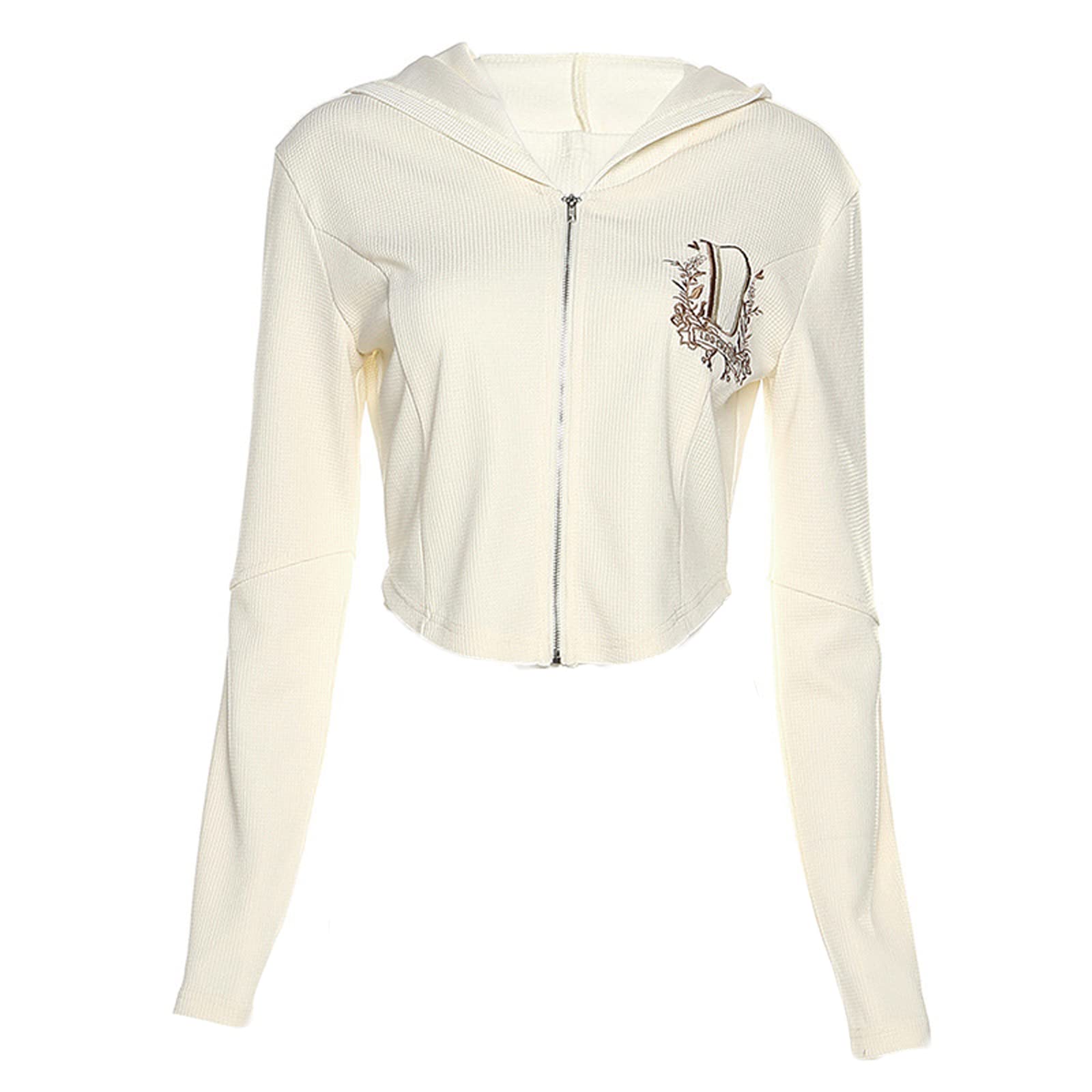 Mododer Women Short Jacket Fashion Embroidery Zipper Cardigan Slim-fit Hooded Long-Sleeved Tops