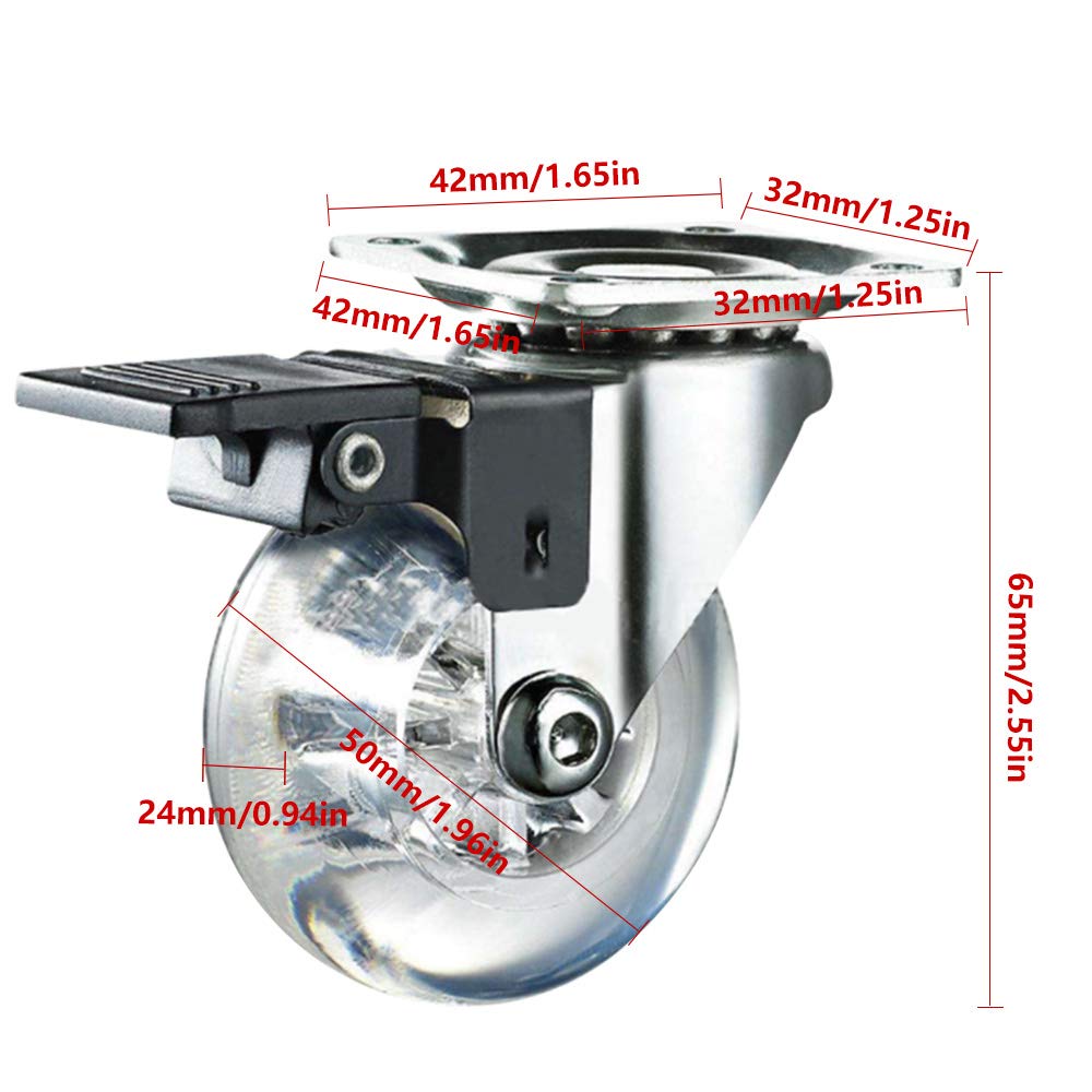 Lot de 4 roulettes de transport KSTEU - Diamètre : 50 mm - Avec frein - Petites roulettes en caoutchouc avec plaque de fixation - Roulettes de transport pour meubles avec vis