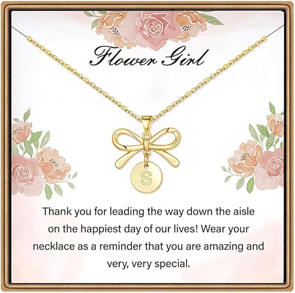 IEFLIFE Flower Girl Gifts - 14K Gold Plated Disc Initial Flower Girl Proposal Necklace Gifts for Girls from Bride, Bow Necklace Gift for Girls on Wedding Bridal Shower Party Jewelry