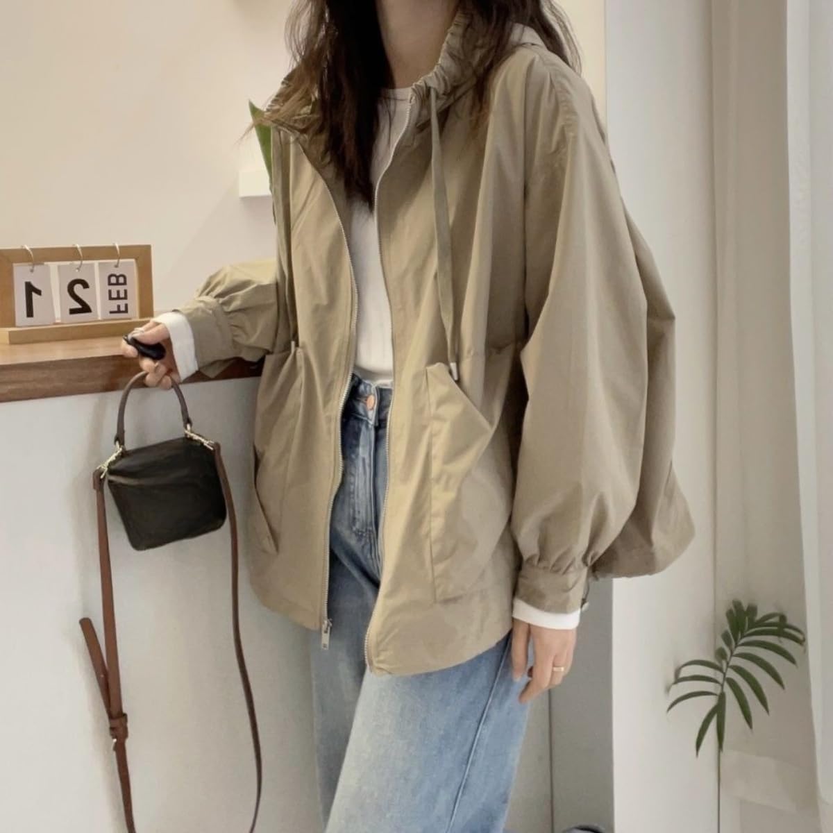 Gabardina con Capucha para Mujer, Chaqueta Corta Informal con Cremallera, Cortavientos De Moda De Otoño, Abrigo Holgado De Gran Tamaño A Prueba De Viento, Chaqueta Deportiva Ligera E Informal.