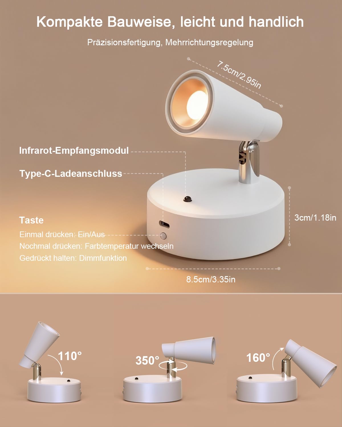 Spotlight LED Akku Aufladbar Kabellose Innen mit 5000mAh, Wandspot mit 350° Drehbare,2Pack Aufladbare Wandleuchte Innen mit 3 Farben Dimmbar Touch Fernbedienung für Bilderbeleuchtung