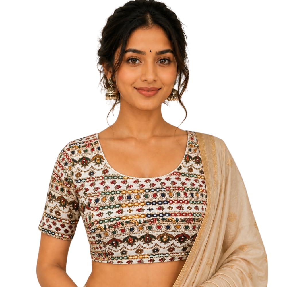 Women White & Multi-Color Printed Stretchable Readymade Saree Blouse with Foil Work, Round Neck Short Sleeve Crop Top Choli-image-47