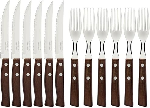 Tramontina Wood Handle Steak Knives 21cm & Table Fork 19cm Traditional Set of 12 Blister Pack Made in Brazil 22299/009 TRAMONTINA