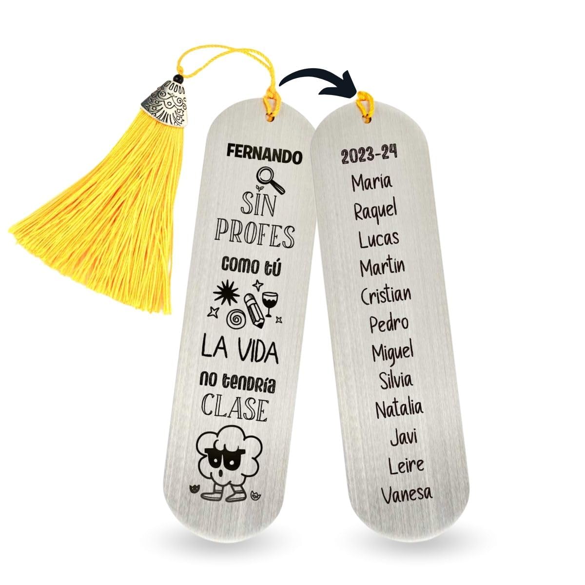Marcapáginas Acero Inoxidable Personalizado a Dos Caras | Regalo Original | Punto de Libro con Nombres | Regalos Profes, Fin de Curso (Sin profes como tú la vida no tendría clase)