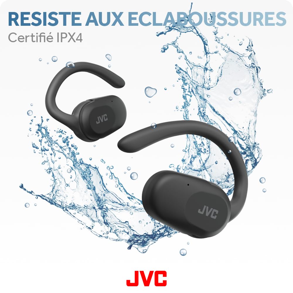 JVC Nearphones Oreilles Libres True Wireless avec Crochet pivotant, Driver néodyme 16mm, Bluetooth 5.4, Autonomie 26heures - HA-NP40T-B (Noir)