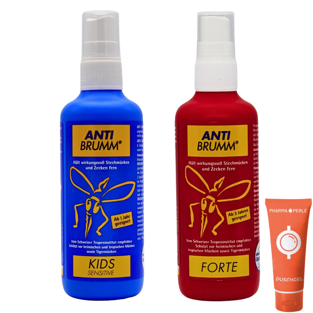 Bundle Anti Brumm Forte + Anti Brumm Kids Sensitive Pumpspray, je 150 ml I Schutz gegen Mücken und Zecken I Mückenspray I Erwachsene und Kinder I Reisen, Tropen I Spar-Set plus Pharma Perle giveaway