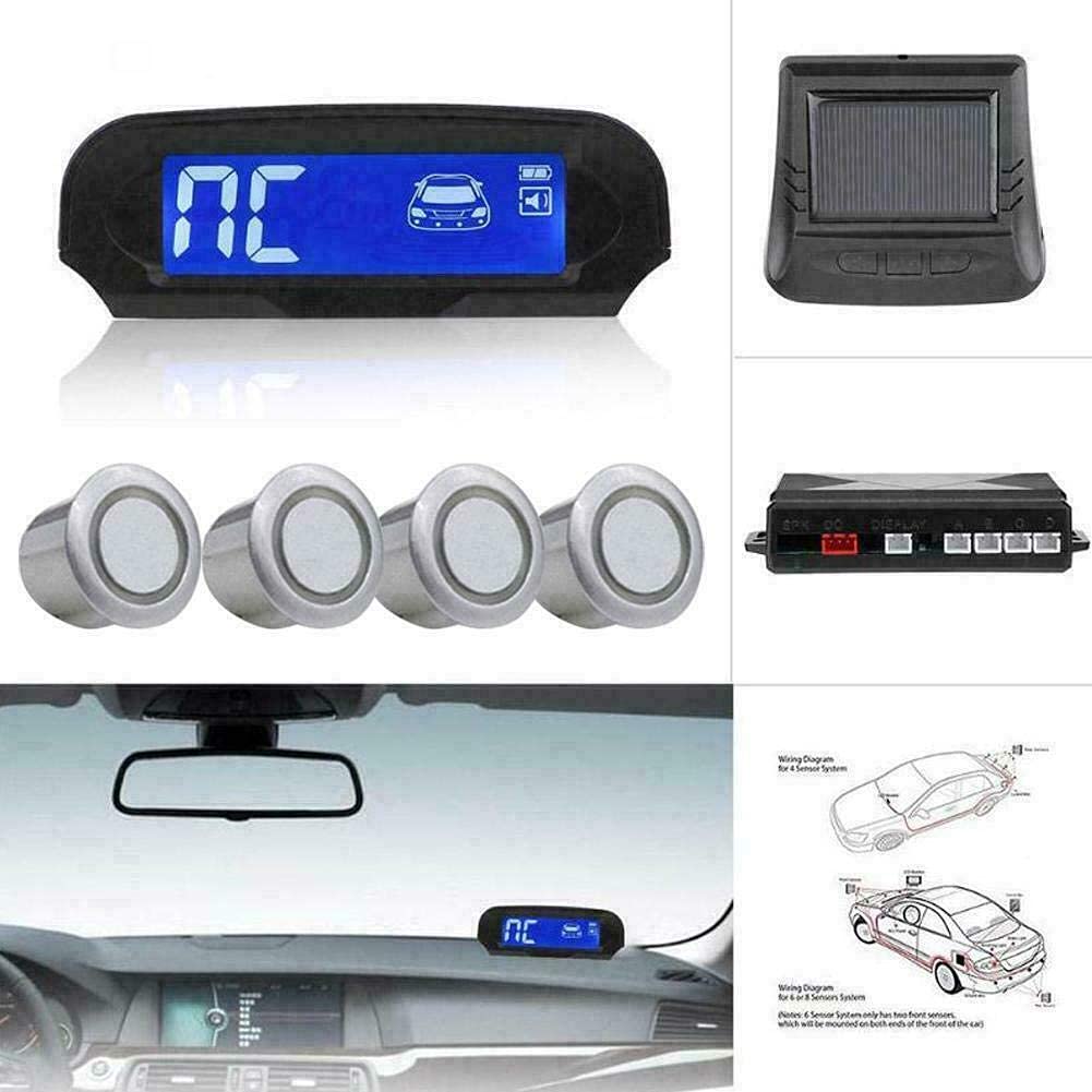 Riloer - Sensore di retromarcia, display LCD, sensore di parcheggio, kit 4 sonde, a energia solare, wireless, indicatore di parcheggio per invertire l'allarme radar