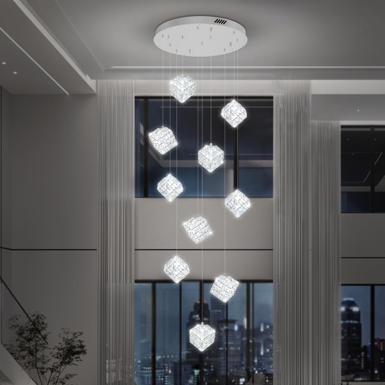 Nowoczesna lampa sufitowa 10 lampek, kryształowy żyrandol do holu, duży żyrandol do wysokiego sufitu, kryształowa lampa wisząca do salonu, schodów, jadalni lub wejścia.
