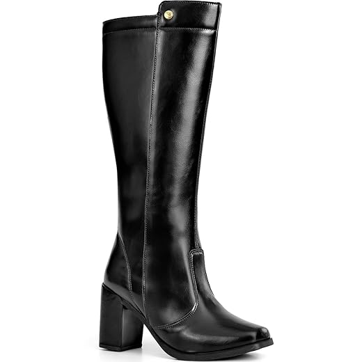 Bota Feminina Lumiss Cano Alto Salto Alto Bloco Bico Quadrado Confortável
