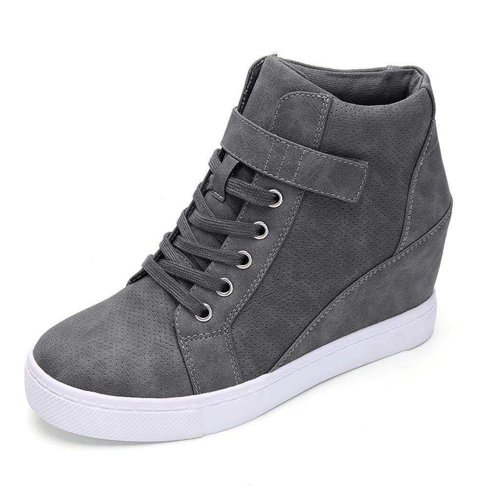 AthlefitWomen's Lace Up Wedge Sneakers High Top Fashion Sneakers Ankle Booties Size 7.5 Grey