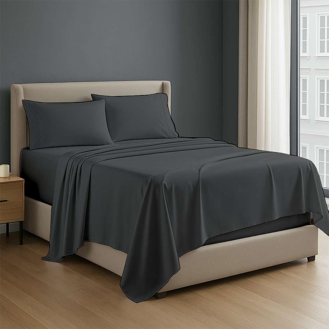 NON Sticky cotton Premium 4 Piece Egyptian Cotton Fitted RV Short Queen 60" x 75" Sheet Set, Hotel Quality Bedding, 22" Extra Deep Pocket, Dark Grey Solid
