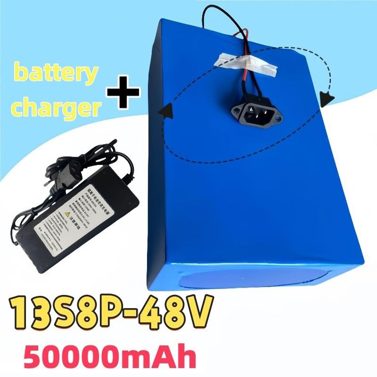 Batterie De Vélo Électrique 48V 50Ah Batterie Électrique avec Chargeur 13S8P Batterie Haute Puissance Remplaçable Étanche Batterie pour 200W 500W 800W 1000W 48V 50Ah,XT30