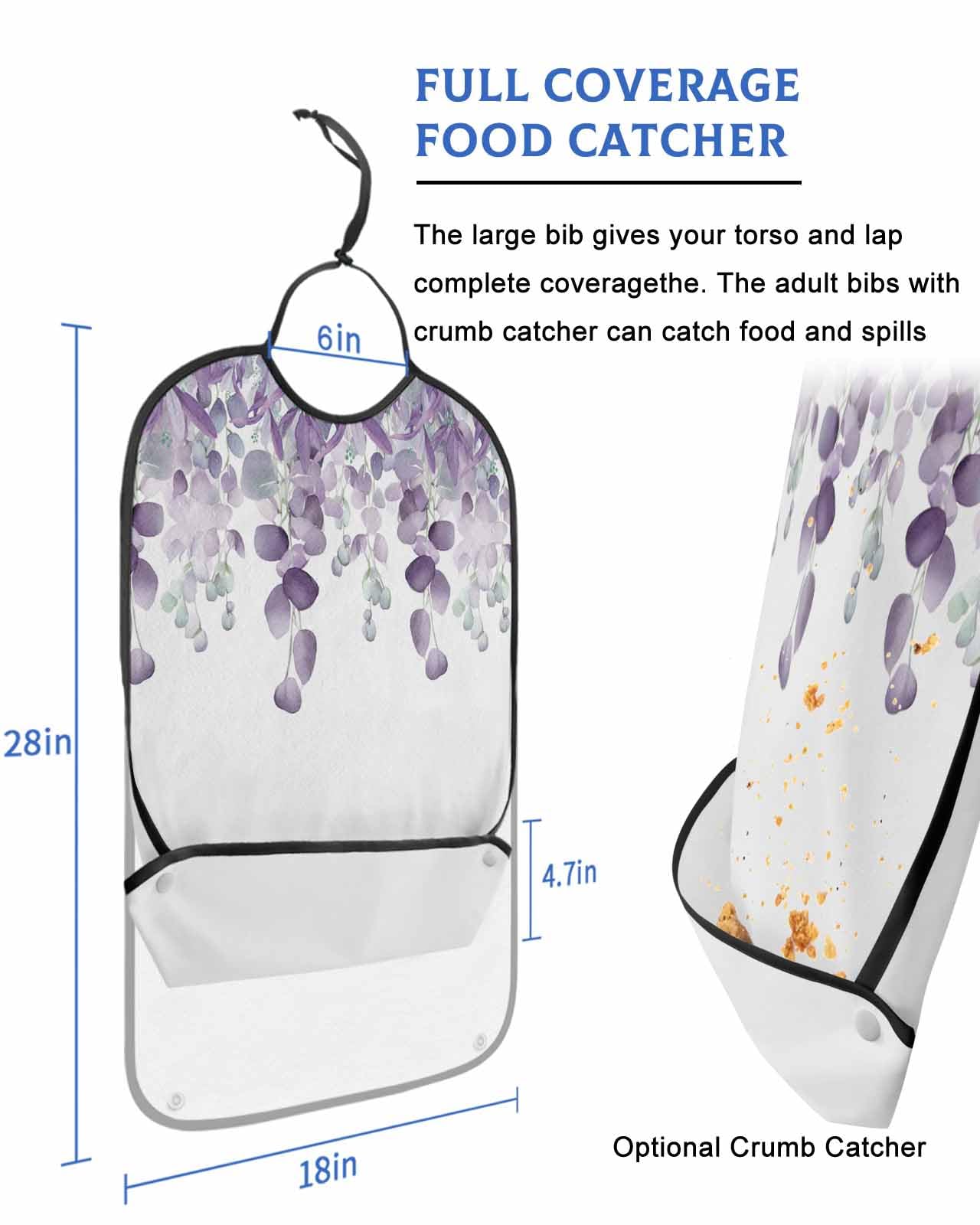 LEOKOTI Purple Teal Botanical Adult Bibs for Eating, Waterproof Bibs with Food Catcher & Snap Closure, Watercolor Spring Eucalyptus Leaves Washable Clothing Protectors Adult Bibs for Elderly