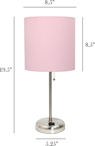 Miniatura 4 de Simple Designs LT2024-LPK-2PK - Juego de dos lámparas de escritorio de acero cepillado con toma de carga y pantalla de tela de tambor para sala de