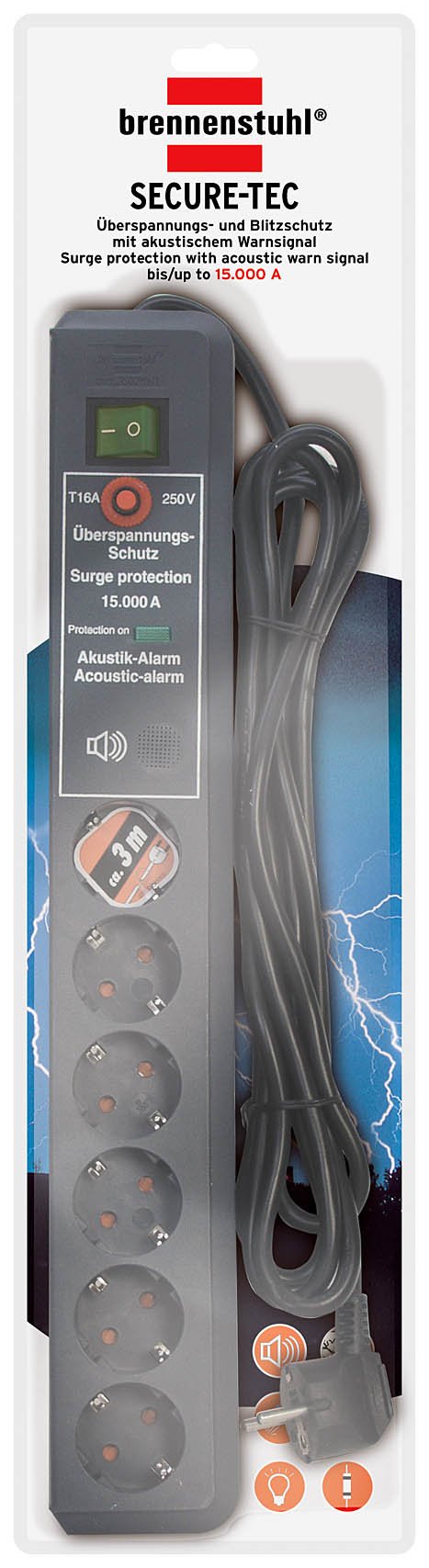 Image secondaire de Brennenstuhl 1159541376 Secure-Tec Bloc de 6 Prises avec parasurtenseur 15000 A signal sonore Noir