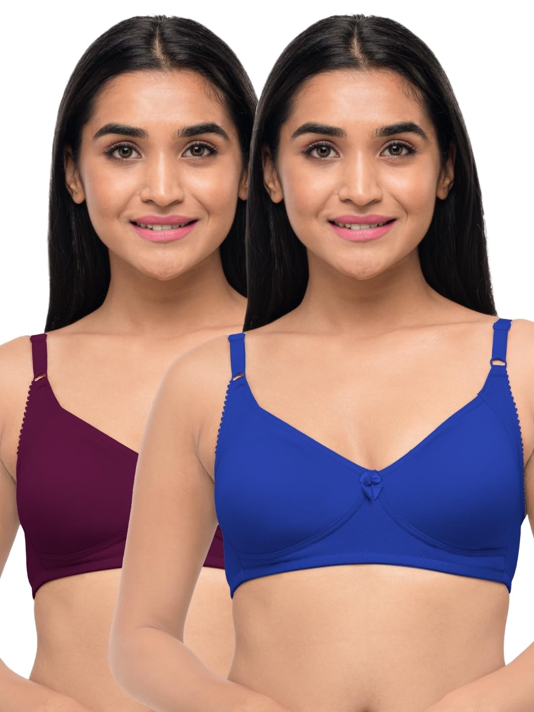 Women Cotton Non-Padded Wire-Free with Lace Styling and Adjustable Straps V-Neck Full Coverage Seamless T-Shirt Bra-image-43