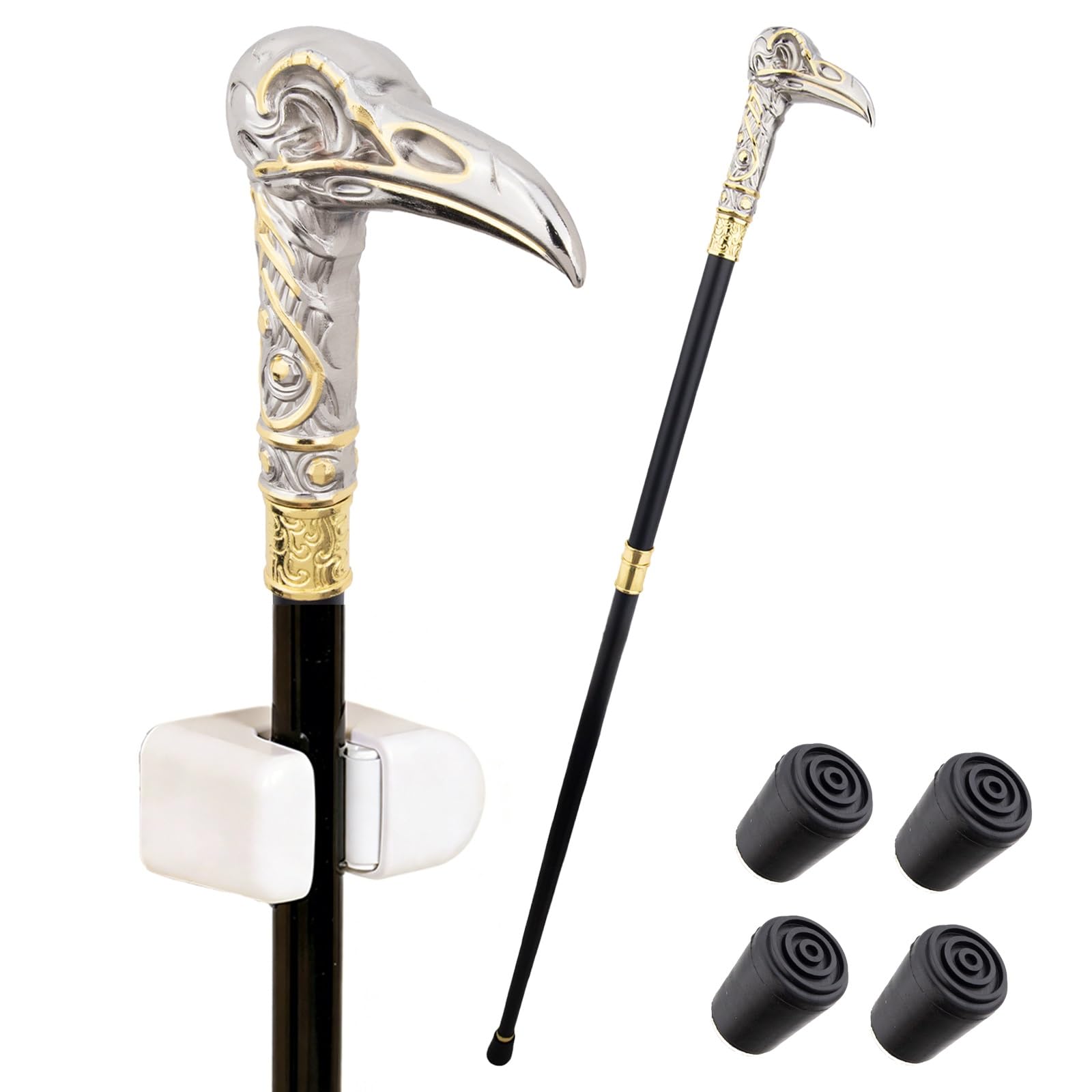 Bastón de Paseo con Forma de Pájaro Esquelético, con Clip y 4 Antideslizantes Extraíbles, para Colección de Cosplay Bastón Decorativo de 93 Cm(White)