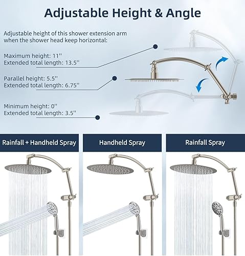 Miniatura 5 de Hibbent Cabezal de ducha de metal, cabezal de ducha de lluvia de alta presión de 8 pulgadas, cabezal de ducha de mano con brazo de extensión de