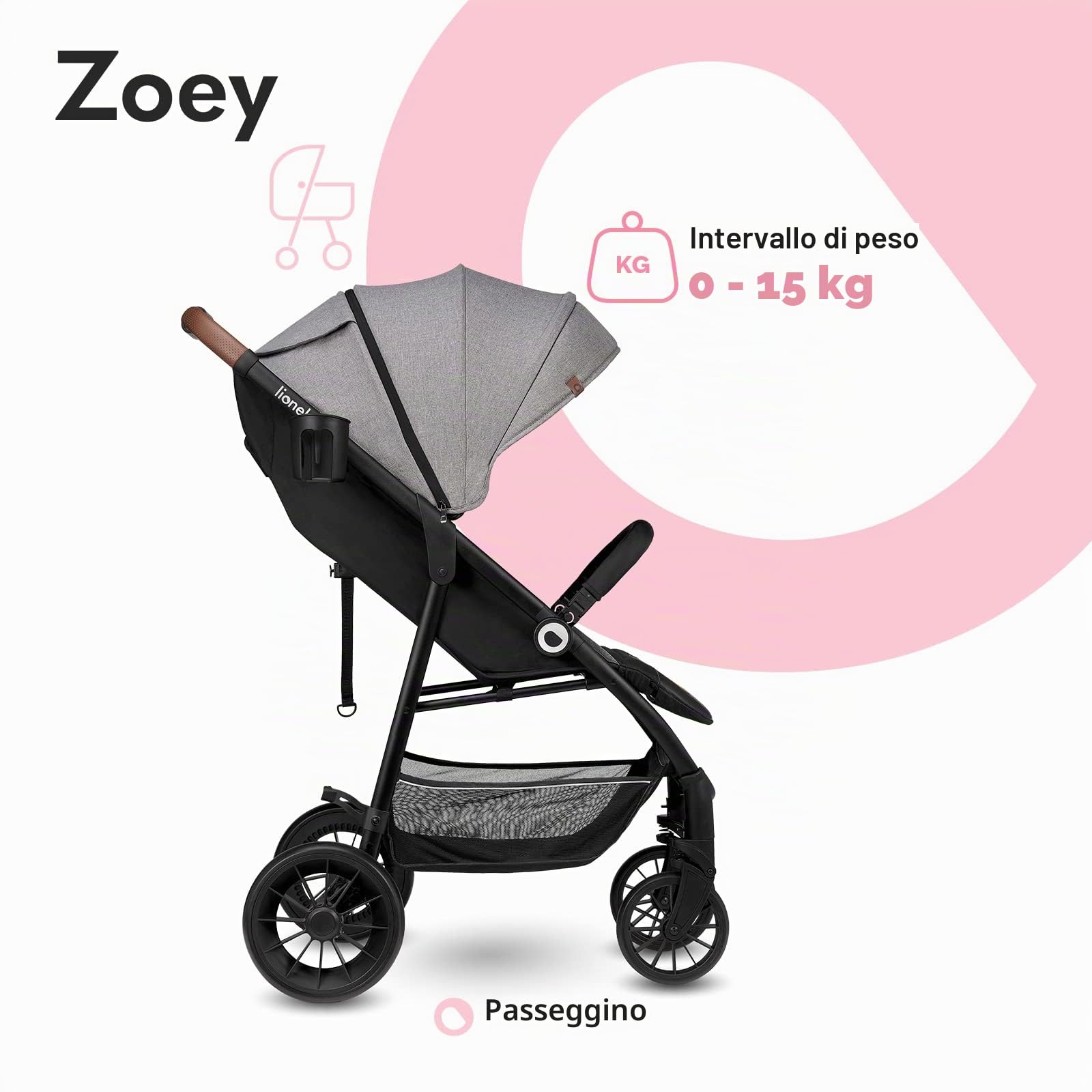 LIONELO Zoey Passeggino Leggero Pieghevole per Bambini fino a 15 kg | Schienale Reclinabile, Poggiapiedi Regolabile, Ruote in Schiuma EVA, Cappottina XXL con Protezione Solare, Zanzariera