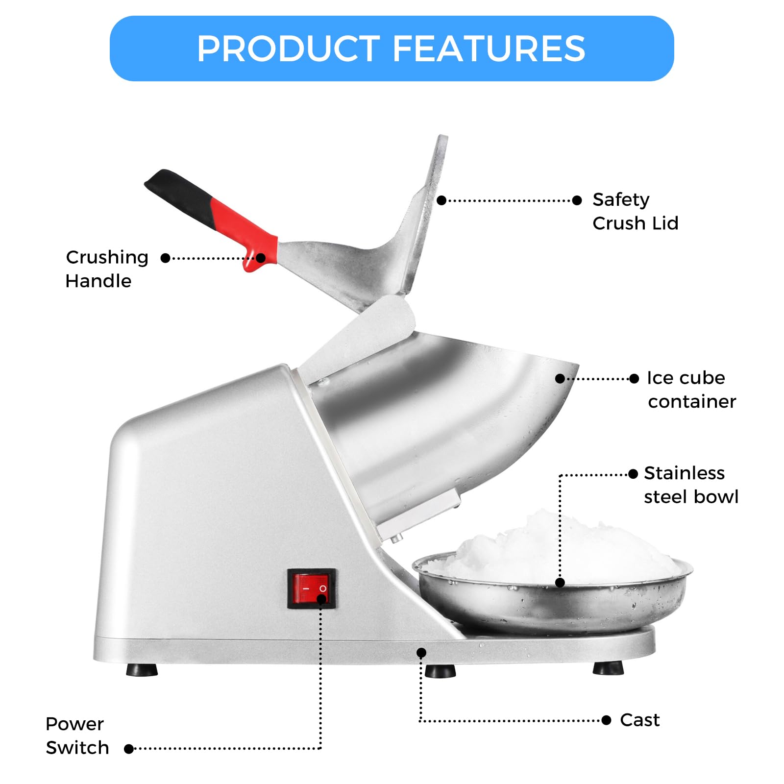 LEEVOT Tritaghiaccio Elettrico a Doppia Lama 380 W Macchina per Cono di Neve 2200 Giri/min Macchina per Ghiaccio tritato Commerciale Domestica 85 kg/H in Acciaio Inossidabile per ristoranti, Bar