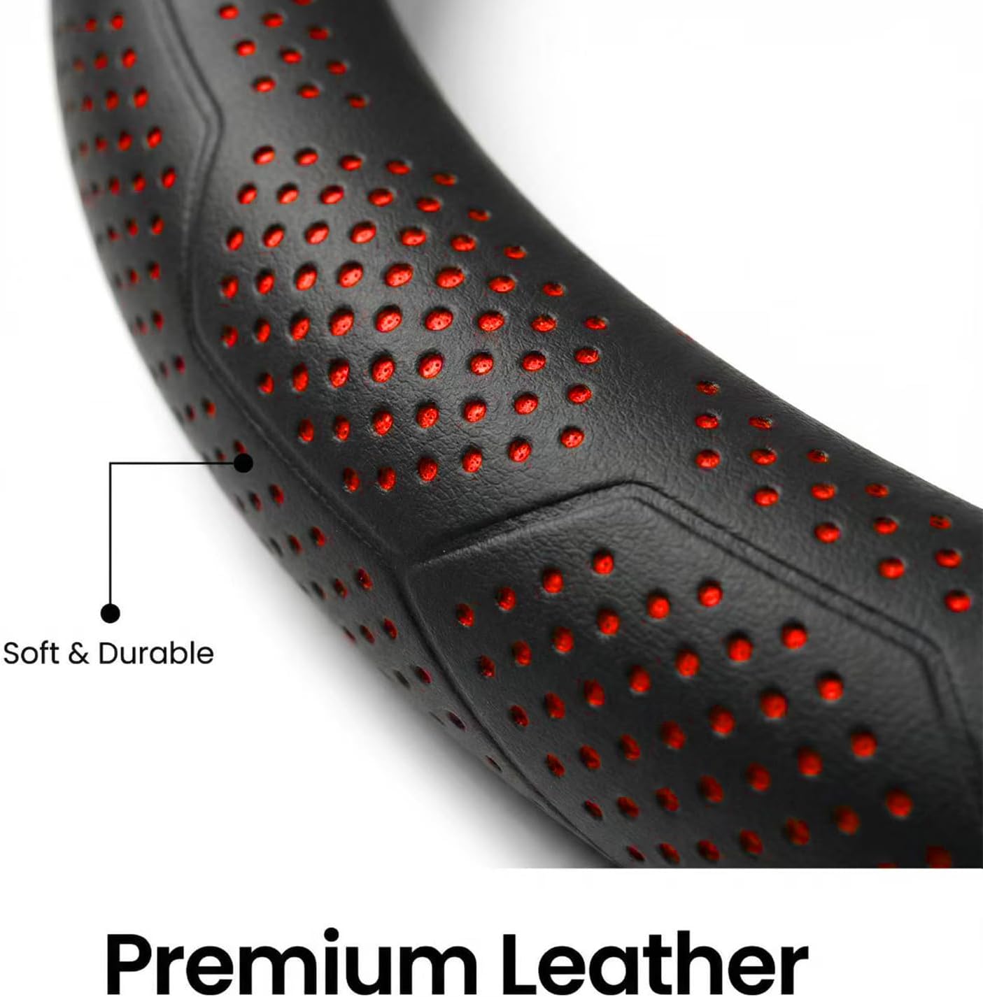 Leather Steering Wheel Cover for Dodge Ram 1500 2500 3500/ for Ford F150 F250 F350/ for Toyota Tacoma 4Runner Tundra, 15.5-16 Inches Car Steering Wheel Cover, Red