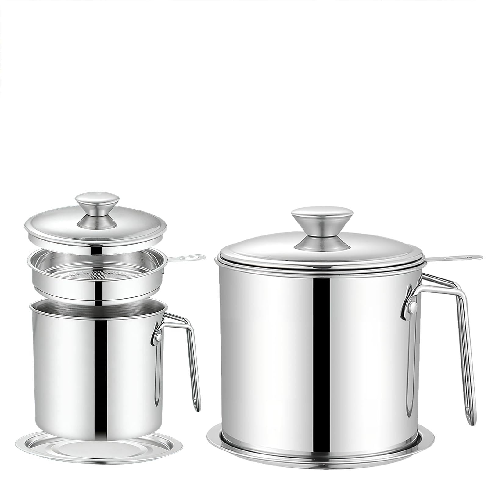 Vurixfo 1.4L Stainless Steel Oil Container with Detachable Fine Mesh, Grease Can with Lid Strainer Oil Strainer Pot Grease Container with Non-Slip Plate for Storing Bacon Fat Kitchen Frying Oil