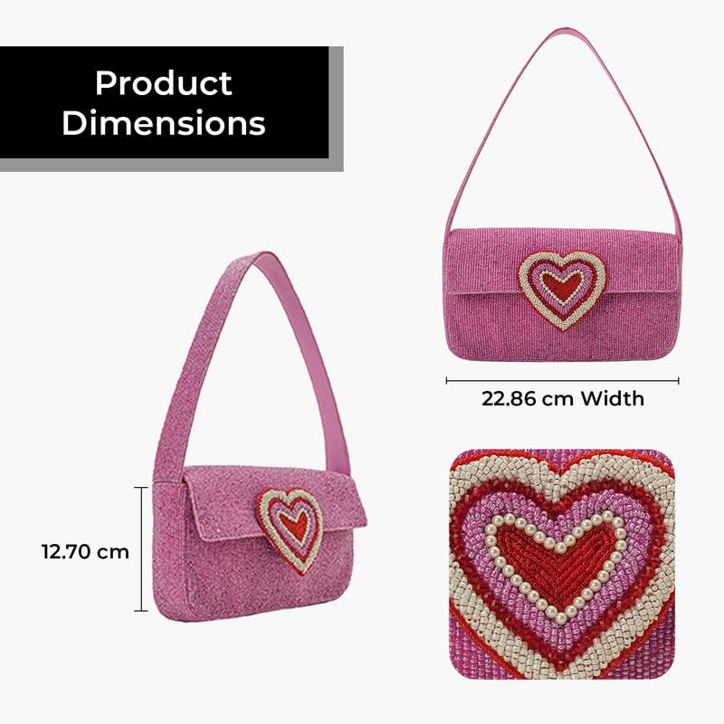 Image of Boho Girl Chic Pink Heart Embellished Fully Beaded Shoulder Bag for Women, Luxury Handbag, Ladies Bag, Tote Bag, Shoulder Bag, Designer Stylish Bag for Women