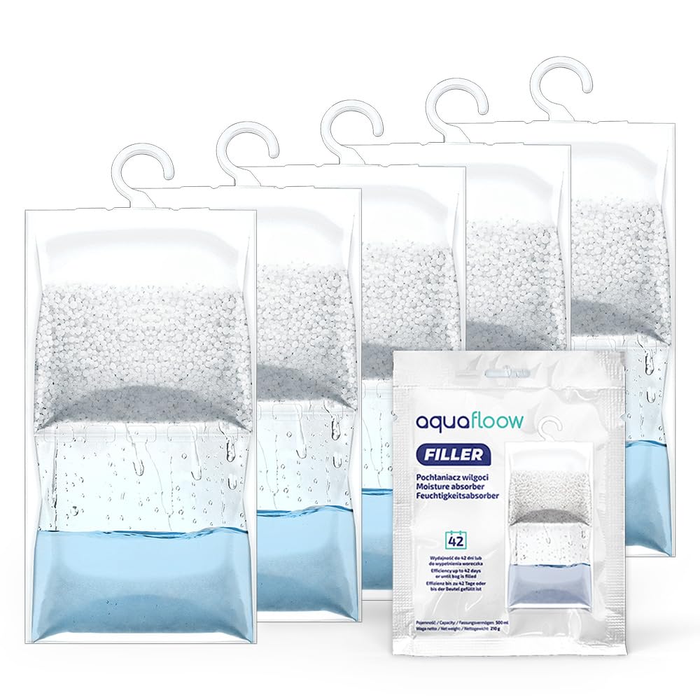 AquaFloow 5x210G Deumidificatore sospeso, Assorbiumidità per l'armadio, Assorbitore di umidità per armadio, Deumidificatore sospeso antiumidità, Sacchetto essiccante resistente all'umidità